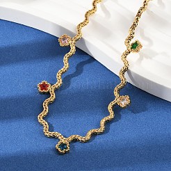 304 Stainless Steel Rope Chain Colorful Cubic Zirconia Tassel Necklaces for Women&nbsp;NJEW-V015-01G-C