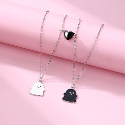 2Pcs Ghost Alloy Black & White Enamel Split Pendant Best Friend Necklaces with Heart Magnetic Clasps&nbsp;FS-WG095C9-01