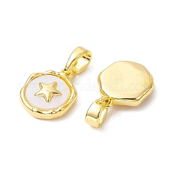 Rack Plating Brass Pave Shell Flat Round Charms with Star&nbsp;KK-K360-06G