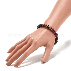 Natural Tiger Eye & Black Agate(Dyed & Heated) Round Beaded Stretch Bracelet&nbsp;BJEW-JB08086-03