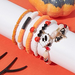 5Pcs 5 Style Dyed Synthetic Turquoise Skull & Polymer Clay Heishi & Glass Beaded Stretch Bracelets Set&nbsp;BJEW-JB09430