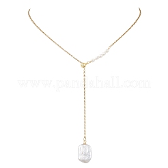 Adjustable Natural Keshi Pearl Rectangle Pendant 304 Stainless Steel Cable Chain Lariat Y Necklaces&nbsp;NJEW-JN05950