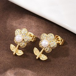 Brass Micro Pave Clear Cubic Zirconia Flower Stud Earrings&nbsp;EJEW-L275-11G