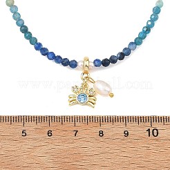 Gradient Color Brass Pave Cubic Zirconia Ocean Crab and Natural Pearl Pendant Natural Apatite & Kyanite & Amazonite Faceted Round Beaded Necklaces for Women&nbsp;NJEW-JN06241