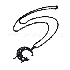 201 Stainless Steel Hollow Moon Cat Shaped Pendant Box Chain Necklaces&nbsp;NJEW-M010-06