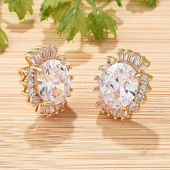 Oval Brass Micro Pave Cubic Zirconia Stud Earrings for Women&nbsp;EJEW-G428-27G-02