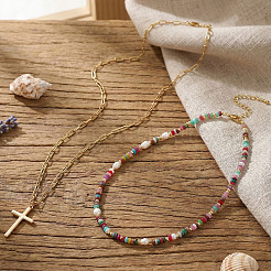 Adjustable Stainless Steel Cross Pendant Faux Pearl and Glass Beaded Double layered Necklaces for Women&nbsp;KF1328