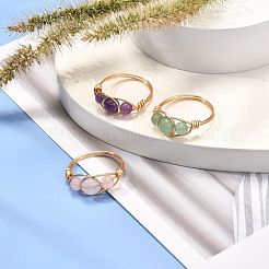 Copper Wire Wrapped Mixed Natural Gemstone Braided Bead Rings for Women&nbsp;RJEW-JR00387