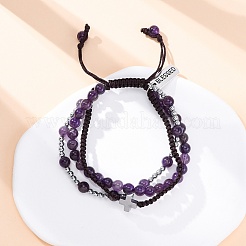Adjustable Natural Amethyst & Hematite Braided Bead Bracelets&nbsp;BJEW-U035-01C
