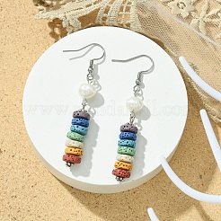 Natural Pearl & Dyed Lava Rock Disc Beaded Dangle Earrings&nbsp;EJEW-JE05563