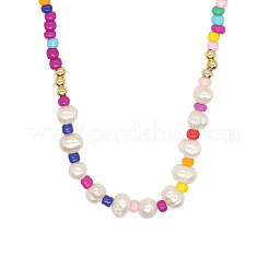 Bohemian Handmade Candy Color Resin and Potato Imitation Pearl Beaded Nsecklaces with Brass Chain for Women&nbsp;WG2740-1