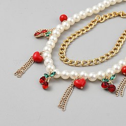 ABS Plastic Imitation Pearl Round Beaded Alloy Heart Cherry Pendant Double Layer Necklaces&nbsp;NJEW-WH0002-217