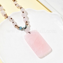 Natural Rose Quartz Rectangle Pendant Glass Beaded Long Necklaces&nbsp;GG-CBAE048-02B