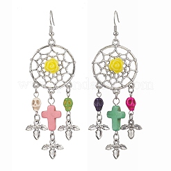 Woven Web/Net with Cross & Skull Synthetic Turquoise Dangle Earrings&nbsp;EJEW-JE05864