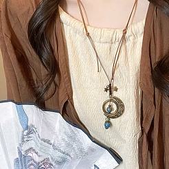 Handmade Porcelain & Alloy Moon Pendant Adjustable Waxed Cord Long Necklaces for Women&nbsp;WG509AF-01