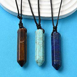 Natural & Synthetic Mixed Gemstone Faceted Bullet Pendant Waxed Cord Necklaces&nbsp;NJEW-Q030-01A