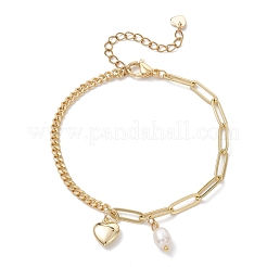 Heart Brass & Natural Cultured Freshwater Pearl Charms Bracelets&nbsp;BJEW-JB12923
