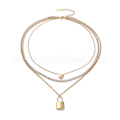 Crystal Rhinestone Heart & Word Love You Padlock Charms Triple Layer Necklace&nbsp;NJEW-C036-07G