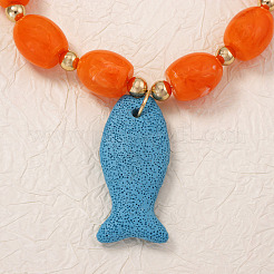 Bohemian Dyed Natural Lava Rock Dodger Blue Fish Shaped Pendant Resin Barrel Beaded Necklaces with Alloy End Chains for Women&nbsp;WGC0D2D-01