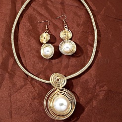 Oval Aluminum Wire Wrapped Acrylic Imitation Pearl with Imitation Leather Pendant Necklaces & Dangle Earrings Sets &nbsp;FS-WG4644F-01