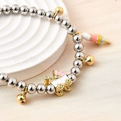 Brass Enamel Round Beads Charm Bracelets for Women&nbsp;BJEW-D317-11PG