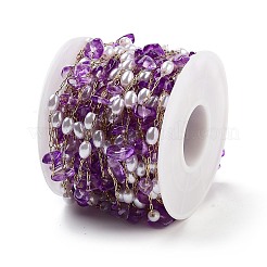 Handmade Dyed Natural Quartz Crystal and ABS Imitation Pearl Beaded Chains&nbsp;CHS-P019-07G-A