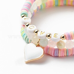 3Pcs 3 Style Natural Colorful Green Jade & Acrylic Word Love Beaded Stretch Bracelets Set with Alloy Enamel Heart Charms&nbsp;BJEW-JB08924-01