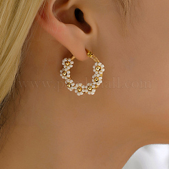 Flower Garland Braided Beaded 201 Stainless Steel Hoop Earrings&nbsp;IF8557-01