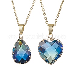 2Pcs 2 Styles Teardrop Heart K9 Glass Imitation Tourmaline Pendant Necklaces Sets&nbsp;NJEW-JN05188-02