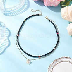 304 Stainless Steel Satellite Chain Cherry Quartz Glass & Glass Faceted Round Beaded Double Layer Pendant Necklaces&nbsp;NJEW-JN05510-02