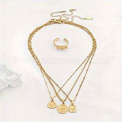 Oval/Flat Round/Rectangle with Rose Pattern 304 Stainless Steel Pendant Necklaces & Ginkgo Leaf Cuff Ring Sets&nbsp;FS-WGBCCD7-01