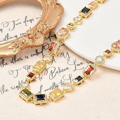 Brass Colorful Cubic Zirconia Cup Chain Oval & Rectangle Necklaces for Women&nbsp;NJEW-M079-05G
