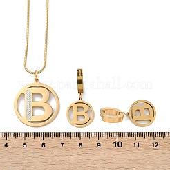 Flat Round with Letter B 304 Stainless Steel Pendant Necklaces & Hoop Earring Jewelry Sets&nbsp;SJEW-L177-08G