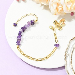 Natural Mixed Stone Chip Beads 304 Stainless Steel Paperclip Chain Bracelets with Alloy Bowknot Charms&nbsp;BJEW-JB14187