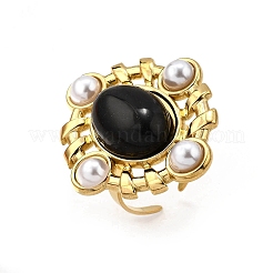 304 Stainless Steel with Natural Gemstone and Plastic Imitation Pearl Adjustable Cuff Rings for Women&nbsp;RJEW-Z096-02G-03