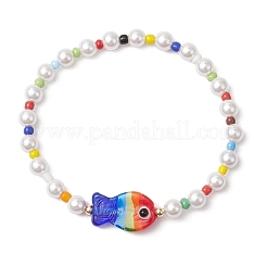 Round Shell Pearl Beads & Glass Seed Beads Stretch Bracelets&nbsp;BJEW-TA00637