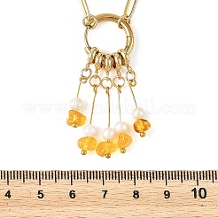Natural Amber Chip & Natural Freshwater Pearl Beads Tassel Pendant Brass Paperclip Chain Necklaces&nbsp;NJEW-JN06516