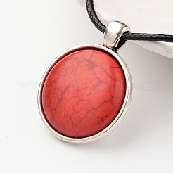 Flat Round Tibetan Style Alloy Synthetic Turquoise Pendant Necklaces&nbsp;NJEW-F197-15