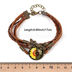 1Pc You Are My Sunshine Theme Flat Round with Sunflower Leather Cord Multi Strand Bracelets&nbsp;BJEW-CL0001-10