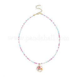Flower Alloy Enamel Pendant Glass Seed Beaded Necklaces for Women&nbsp;NJEW-JN05550-02