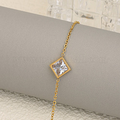 Rhombus 304 Stainless Steel Pave Clear Cubic Zirconia Link Bracelets & Stud Earrings & Pendant Necklaces&nbsp;FS-WG48BD9-01