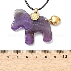 Natural Amethyst Horse Pendant Adjustable Black Korean Waxed Polyester Cord Neckalces&nbsp;NJEW-JN06355-02