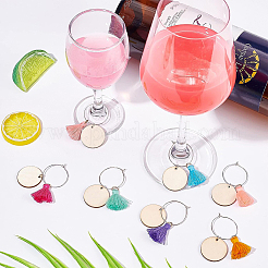 24Pcs 8 Colors Flat Round Wood & Tassel Dangle Wine Glass Charms&nbsp;AJEW-BC0003-13