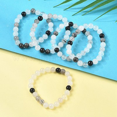 Natural Tourmalinated Quartz/Black Rutilated Quartz Stretch Beaded Bracelets&nbsp;G-A185-01J-1