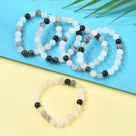 Natural Tourmalinated Quartz/Black Rutilated Quartz Stretch Beaded Bracelets G-A185-01J-1