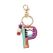 Wood Keychain, with Dye & Iron Key Ring, Letter P, 11.6~12.1cm