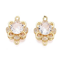 Brass Pave Clear Cubic Zirconia Connector Charms, Flower Links, Long-Lasting Plated, Golden, 12x16.5x6mm, Hole: 1~1.2mm