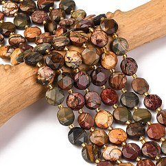 Natural Picasso Jasper/Polychrome Jasper Beads Strands, Faceted Hexagonal Cut Coin Beads, Flat Round, with Seed Beads, 10~10.5x6mm, Hole: 1.1mm, about 31~32pcs/strand, 15.35''~15.55''(39~39.5cm)