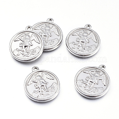 Non-Tarnish 304 Stainless Steel Pendants, Flat Round with Angel, Stainless Steel Color, 24x20.5x2.5mm, Hole: 2mm
