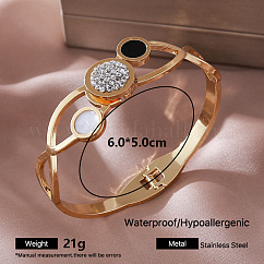 304 Stainless Steel Micro Pavel Clear Cubic Zirconia and Black Enamel Hinged Cuff Bangles with Natural White Shell for Women, Golden, Flat Round, Inner Diameter: 2.36 inch(6cm)